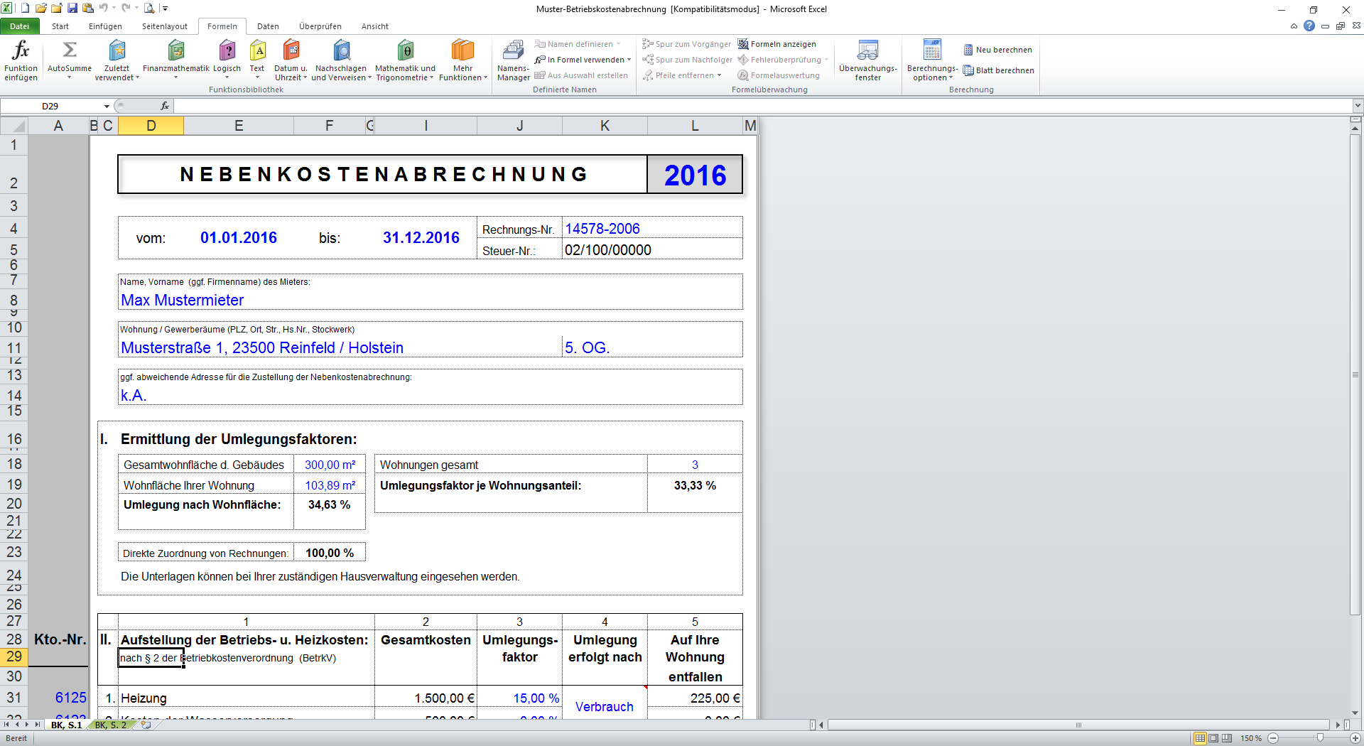 Muster-Betriebskostenabrechnung In Excel